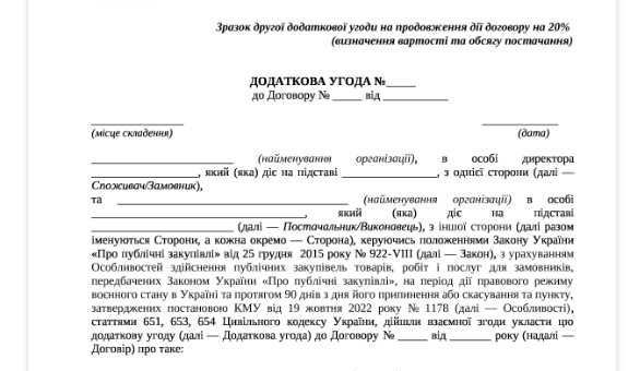 Додаткова угода на продовження дії договору на 20%: зразок