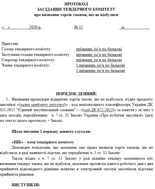 Приклад протоколу про визнання торгів такими що не відбулися