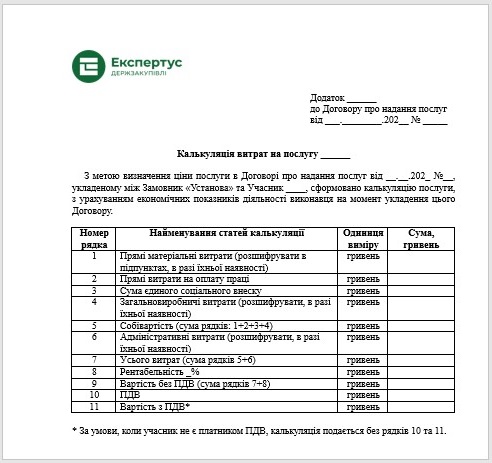 Калькуляция услуг образец excel