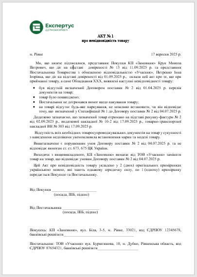 акт про невідповідність товару вимогам по якості зразок