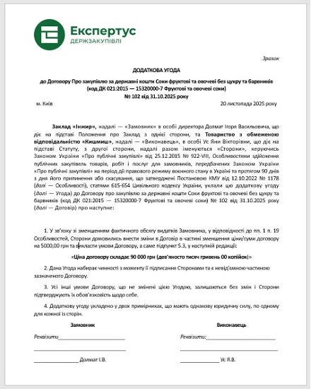 додаткова угода на зменшення суми тендерного договору