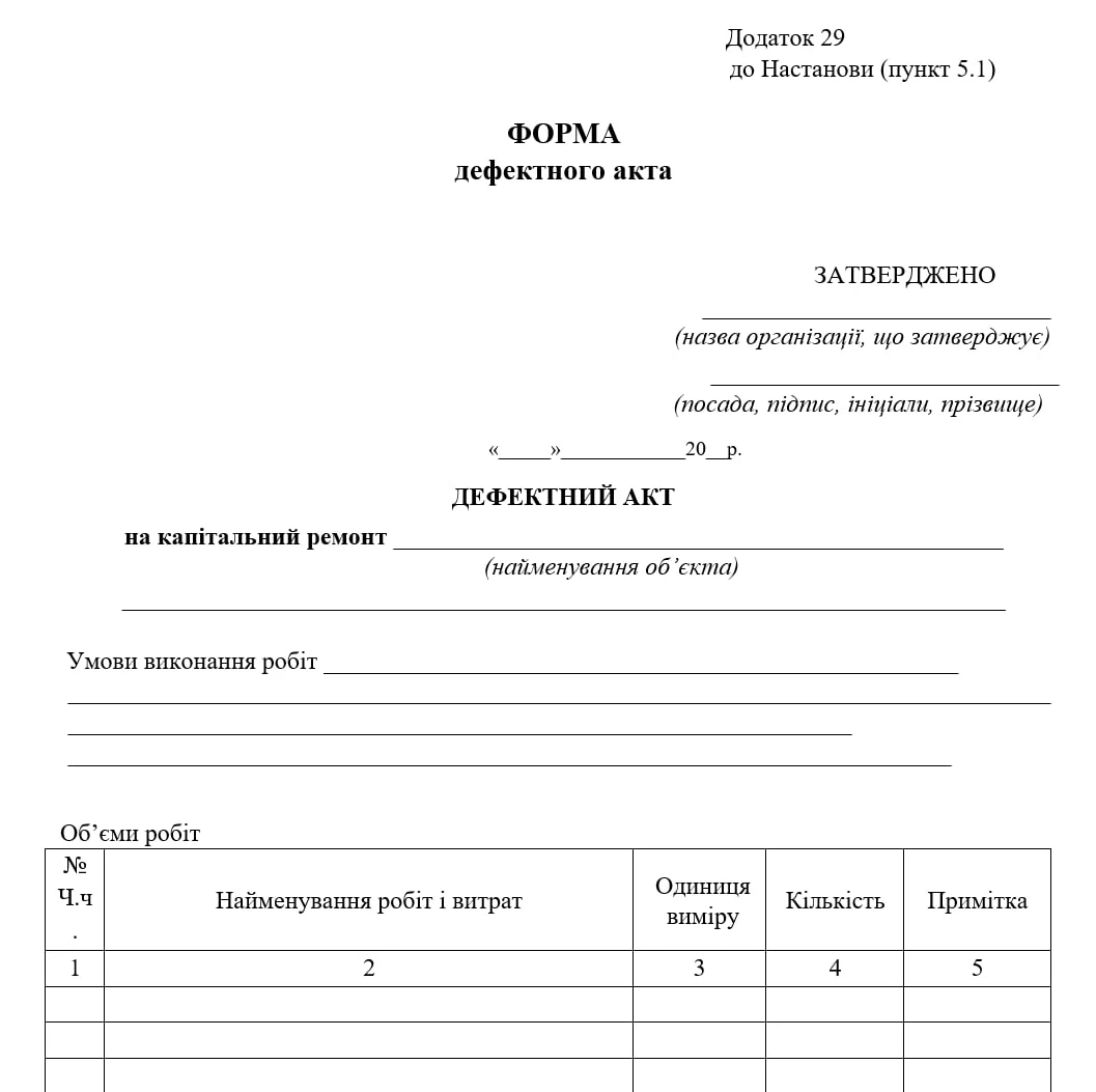 Форма дефектного акта