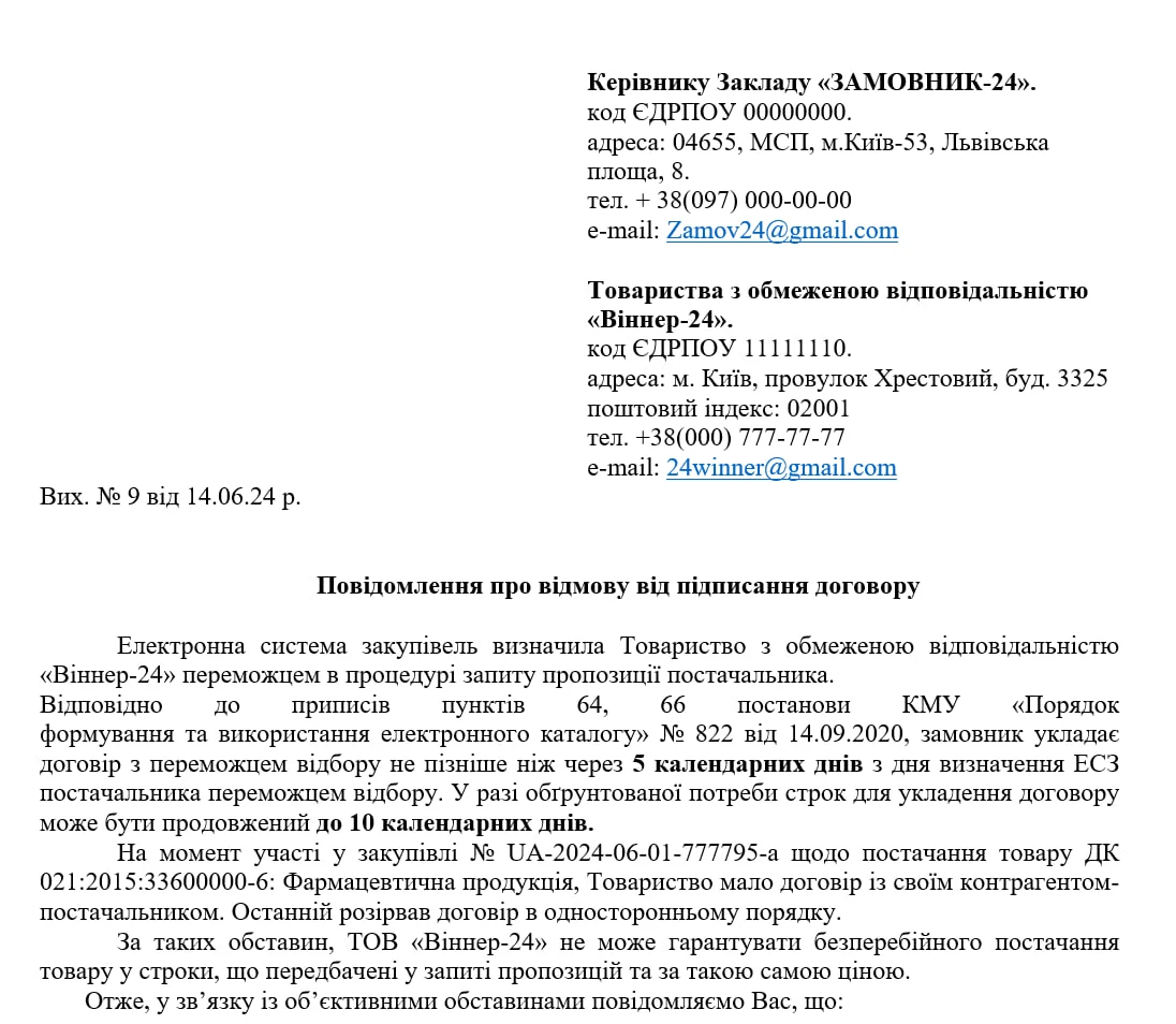 Відмова від підписання договору переможця запиту пропозицій постачальників (ЗПП)