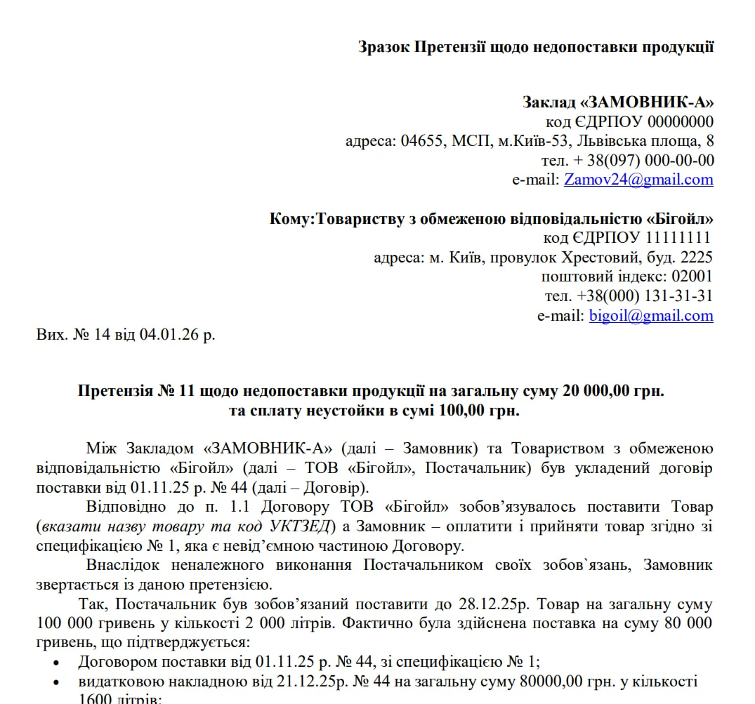 Претензія про невиконання умов договору