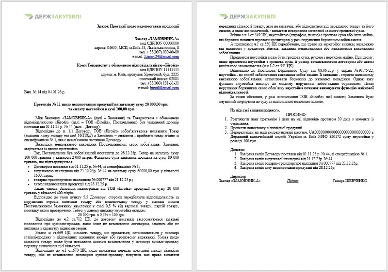зразок претензійного листа