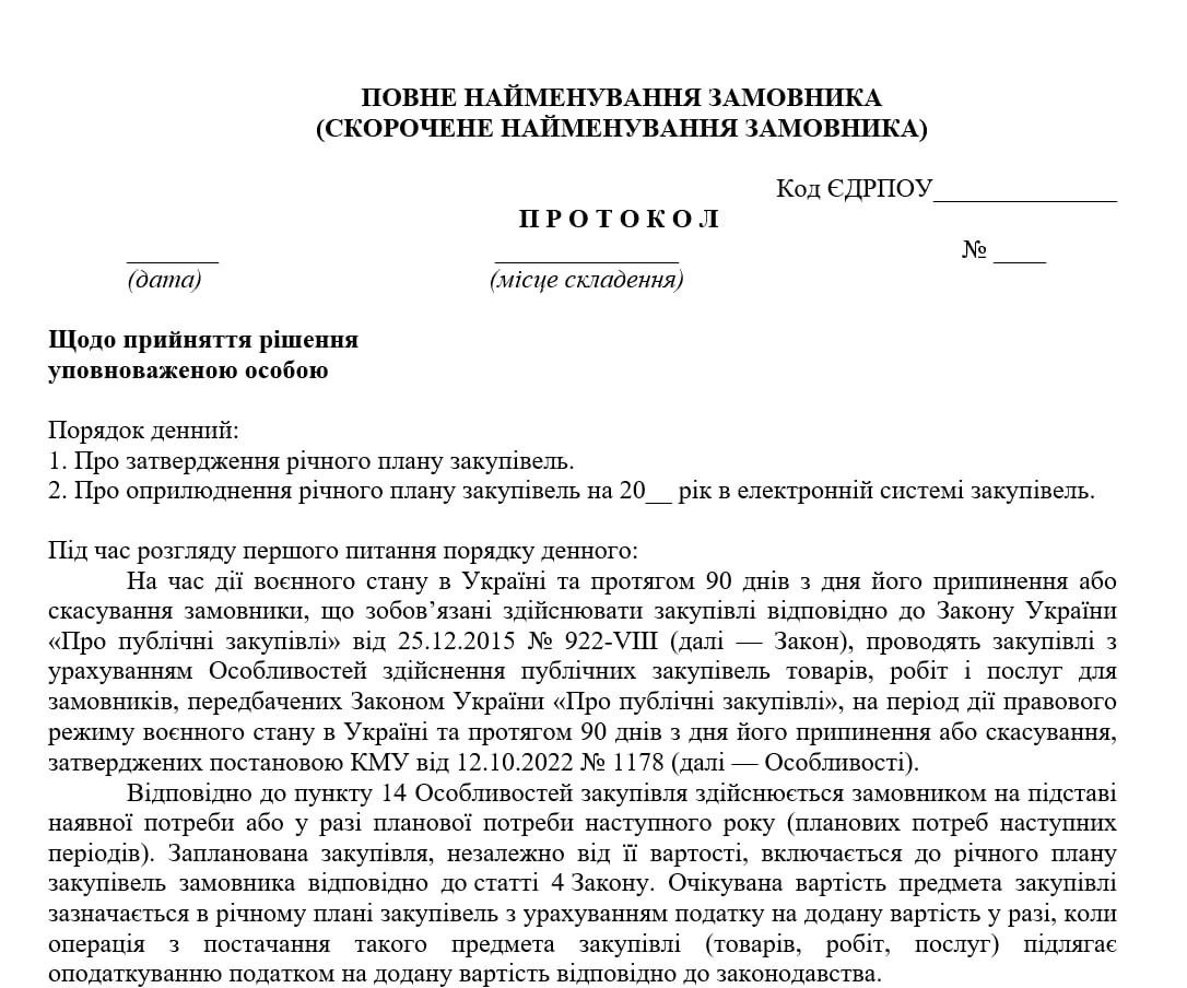 Протокол уповноваженої особи про затвердження річного плану