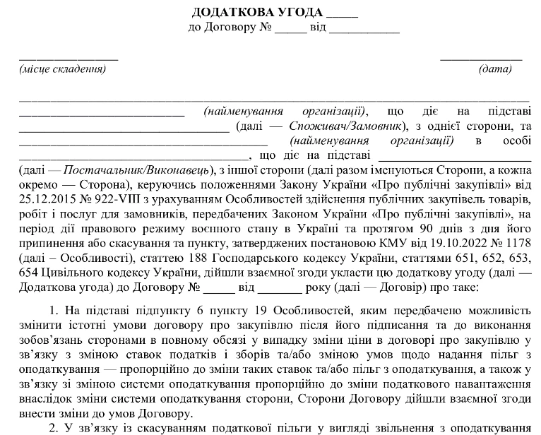 Додаткова угода про зміну ціни товару у зв’язку із скасуванням пільги з оподаткування: зразок за Особливостями